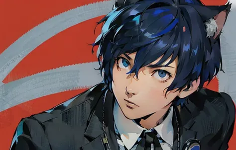 persona 5 style, p5 aoa style, stylistic, white_outline, red background,
masterpiece, best quality, high quality, solo, detailed, shadow,
1boy, solo, male focus, Persona3MakotoYuki, young, blue hair, short hair, blue eyes, big fluffy fox ears, big fluffy blue cat ears, huge animal ears, catboy, cat boy,<lora:skinnyv2:1.2>, no expression, wearing tailored gekkoukan high school uniform, ribbon, looking at viewer, looking at camera, facing the viewer, <lora:Persona3MakotoYuki:0.9>,
<lora:persona5_style_cont-000008:1.0>