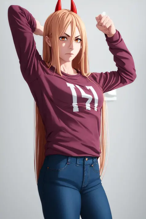 powa, outstretched arms, toned, long hair, t-shirt, small breasts, jeans, posing, horns, long hair, long sleeves, flexing, casual,