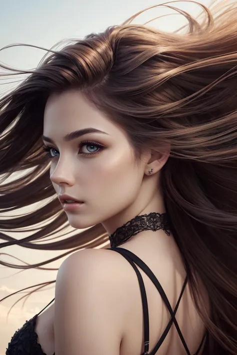 hyper realistic art portrait of a stunningly beautiful women, hyper realistic art beautiful long hairstyle, ((detailed long hair...