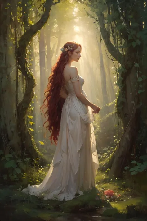 OIL PAINTING,IMPRESSIONISM,medium full view, amidst the ancient woodland, the image captures the ethereal beauty of a young drya...