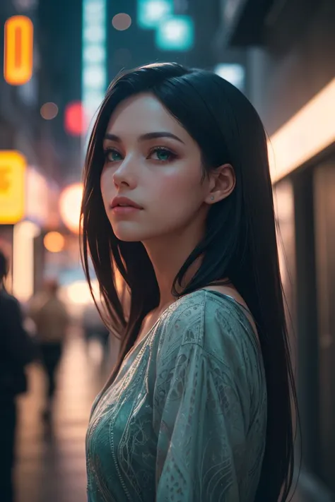 (extremely intricate:1.3), (realistic), photo of a girl in a bustling metropolis, weaving through crowded streets and dark alleyways, close up, Detailed clothes, green eyes, flowing hair, determined expression, shiny glossy skin, subsurface scattering, (sharp:0.7), amazing fine detail, Nikon D850 film stock photograph Kodak Portra 400 camera f1.6 lens, rich colors, lifelike texture, dramatic lighting, urban environment, skyscrapers, neon signs,  dynamic composition, unreal engine, trending on ArtStation, cinestill 800 tungsten, volumetrics dtx, (film grain, blurry background, blurry foreground, bokeh, depth of field, motion blur:1.3),