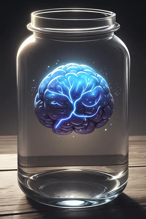 role-playing game (RPG) style fantasy a human brain growing in a glass jar in a workshop,jar full of a dull transluscent liquid,...
