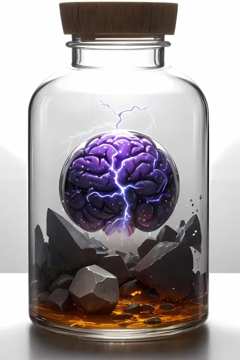 role-playing game (RPG) style fantasy a human brain growing in a glass jar in a workshop,jar full of a dull transluscent liquid,realistic natural brain,lid on jar,volumetric lighting and mist effects to enhance the mystical atmosphere,lightning in jar,stunningly beautiful,crisp,detailed,ultramodern,high contrast,cinematic,. detailed,vibrant,immersive,reminiscent of high fantasy RPG games,