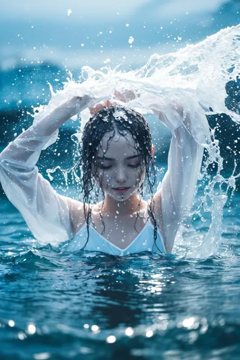 photo of a woman made of water,dancing in the water,covered with water particles,water splashing face,flowing water,covered with...