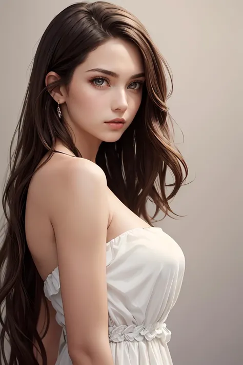 1girl,solo,long hair,brown hair,looking at viewer,realistic,Pure bule fashion background,brown eyes,dress,bare shoulders,upper body,lips,parted lips,white dress,strapless,from side,looking to the side,breasts,masterpiece,best quality,high quality,<lora:add_sharpness:0.3>,face focus,fashion photography,  <lora:GoodHands-beta2:1>