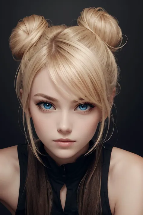 an eye contact of a blond with bun hair and dark theme,