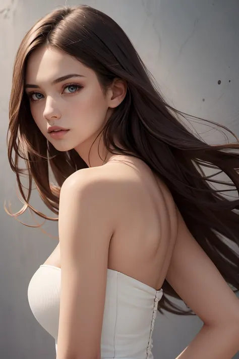 1girl,solo,long hair,brown hair,looking at viewer,realistic,Pure bule fashion background,brown eyes,dress,bare shoulders,upper body,lips,parted lips,white dress,strapless,from side,looking to the side,breasts,masterpiece,best quality,high quality,face focus,fashion photography,  