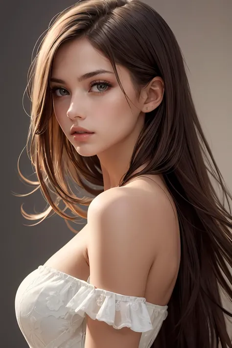 1girl,solo,long hair,brown hair,looking at viewer,realistic,Pure bule fashion background,brown eyes,dress,bare shoulders,upper b...