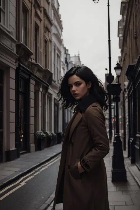 1 woman leaning forward brown coat black hair shadow london street dramatic lighting Malcolm Liepke,  <lyco:GoodHands-beta2:1.0>