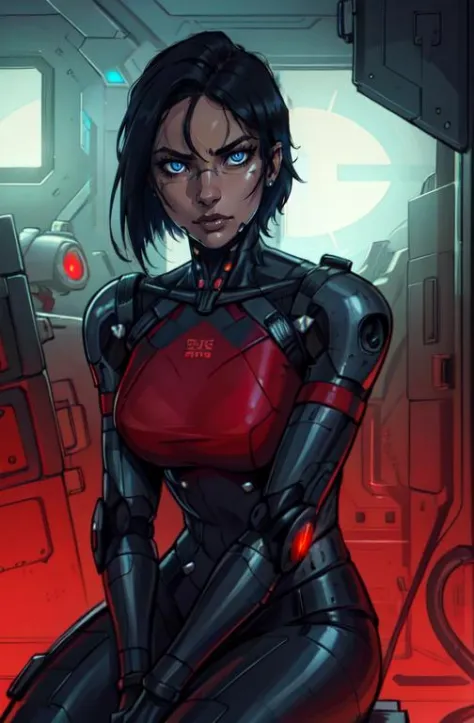 elster, black hair ,robot joints, blue eyes,  looking at viewer,  serious,   short hair,  nose guard,   frameless glasses, 
blac...