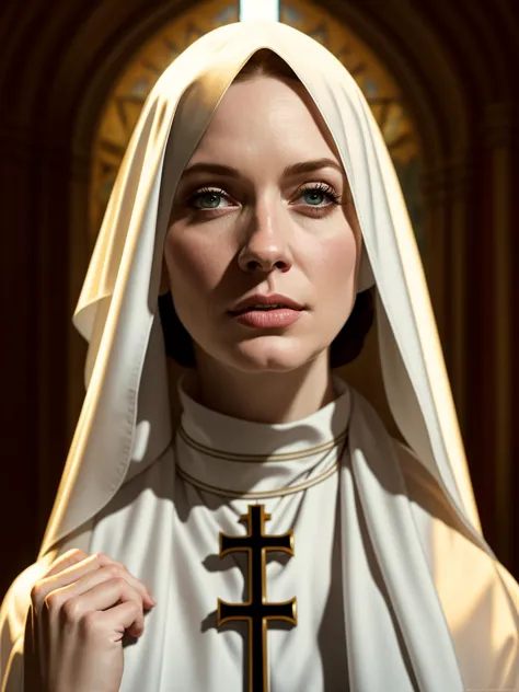 a close up of a woman in a nun's robe with a cross on her shoulder