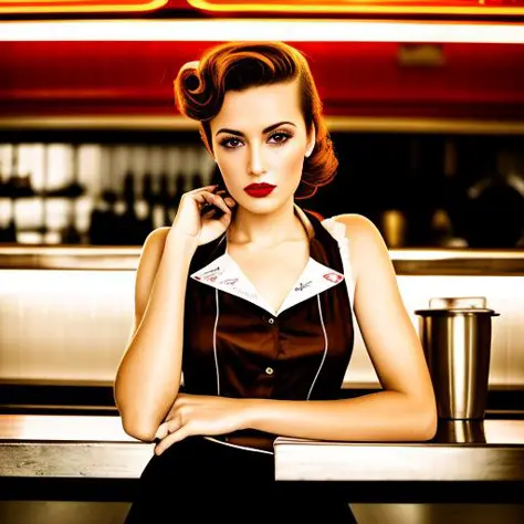 raw, analog style, extremely detailed photograph, front lit, hdr. beautiful french woman working in diner, pin up style uniform,...