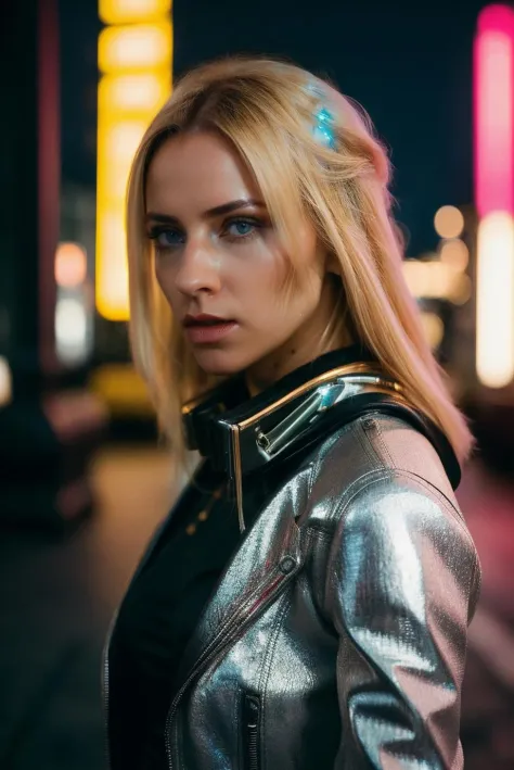 A stunning intricate full color portrait of a blonde woman, wearing a cool cyberpunk outfit,cyberpunk landscape in the background, having fun, epic character composition,by ilya kuvshinov, alessio albi, nina masic,sharp focus, natural lighting, subsurface ...