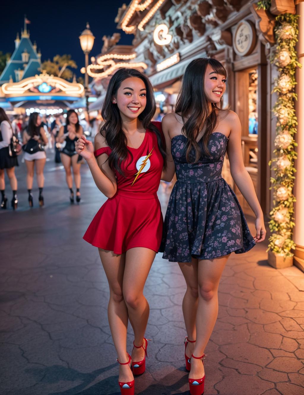 Two women in red dresses walking down a street at night - SeaArt AI