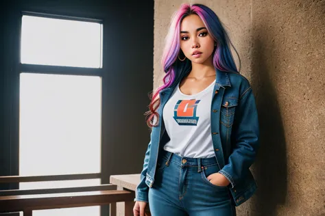 a woman with colorful hair standing against a wall wearing a denim jacket