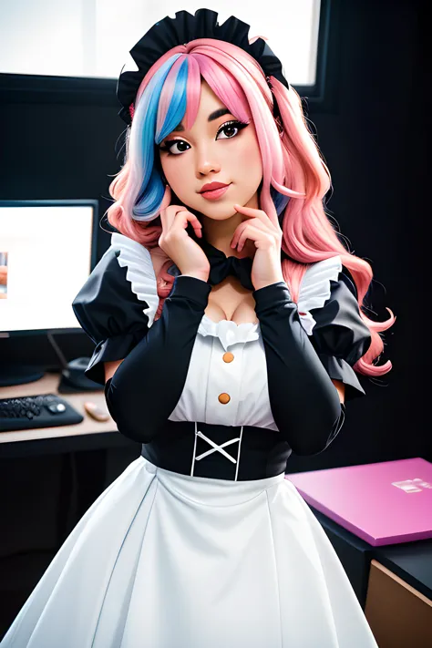 a woman multi-colored hair dressed in a maid costume posing for a picture with her hand on her chin and finger under her chin, (...