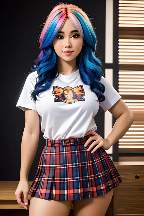 a woman multi-colored hair in a plaid skirt and shirt posing for a picture with her hands on her hips and her panties down, ((SF...