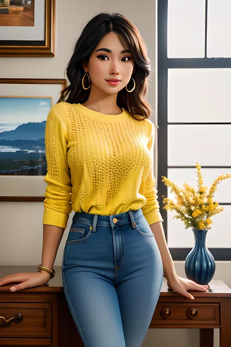 a woman in a yellow sweater and jeans posing for a picture