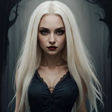 portrait of a vampire woman with long white hair wearing a long dress, pale skin, jaded, psycho, yellow eyes, dark magic, dark a...