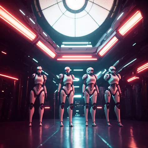 a group of star wars troopers standing in a room with neon lights