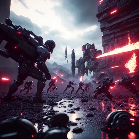 a screenshot of a group of soldiers in a futuristic city