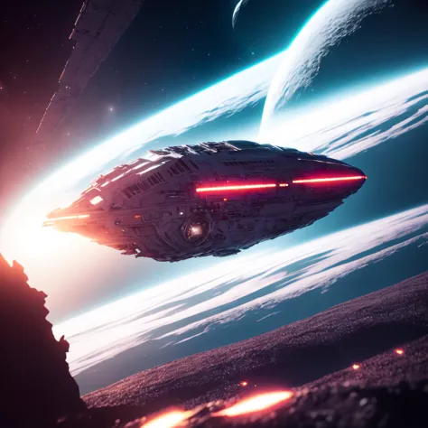 a spaceship flying over a planet with a bright red light