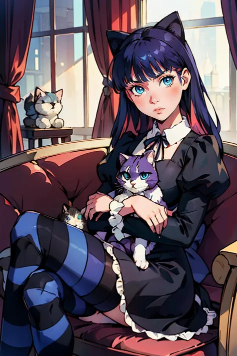 anime girl sitting on a couch with a cat in her lap