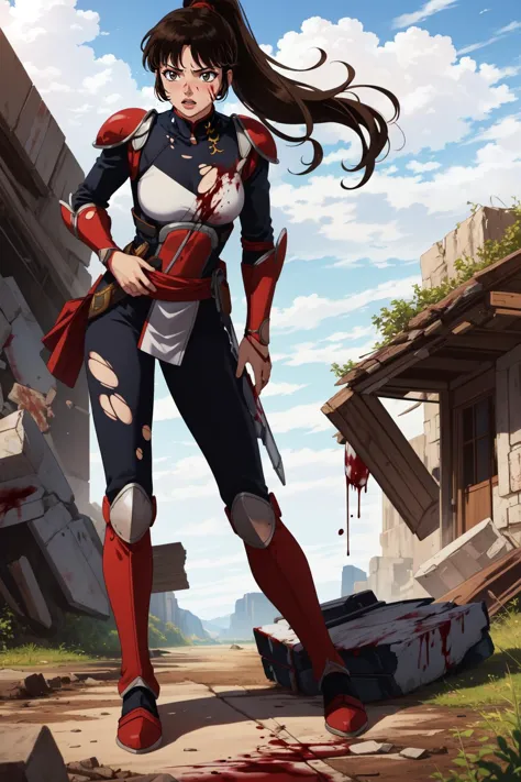 (masterpiece, best quality),  intricate details,
1girl, sango, brown hair, brown eyes, high ponytail, long hair, medium breasts, bodysuit, pauldrons, armor
outdoors, blood, battlefield, blood on face, torn clothes, injured, debris, sweating,