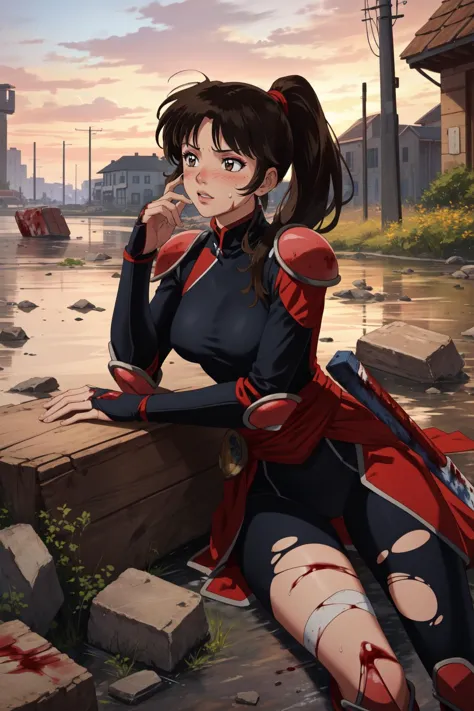 (masterpiece, best quality),  intricate details,
1girl, <lora:Kizuki - Inuyasha - Sango:0.8> sango, brown hair, brown eyes, high ponytail, long hair, medium breasts, bodysuit, pauldrons, armor
outdoors, blood, battlefield, blood on face, torn clothes, injured, debris, sweating,