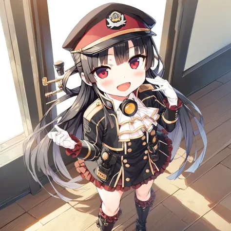 anime girl in uniform with a gun and a hat