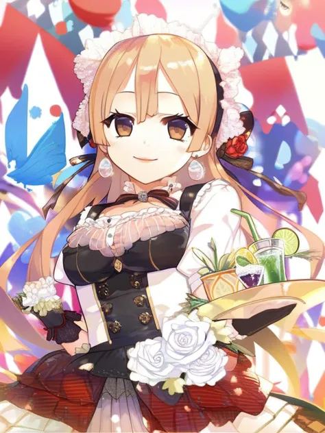 a woman in a maid outfit holding a tray of food