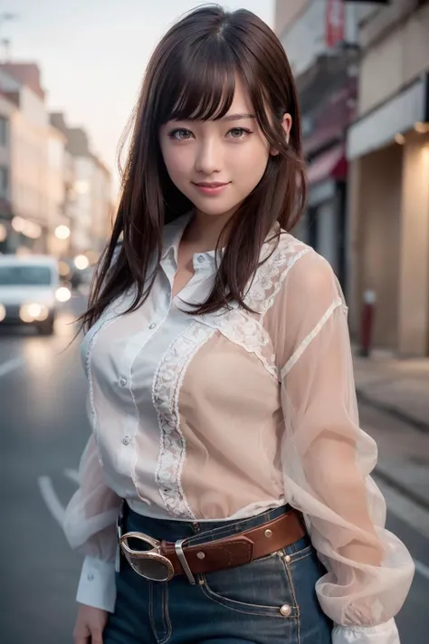 a close up of a woman standing on a street with a belt