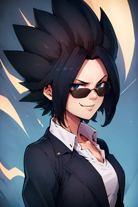 a cartoon image of a woman with sunglasses and a suit