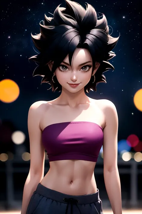 centrado, retrato premiado de la parte superior del cuerpo, tiro de vaquero, (mirando al espectador:1.2), | solo, de pie, sonrisa, presumido, caulifla_DB,  hombros descubiertos, diafragma, pantalones anchos, | espacio, estrellas, planeta, | bokeh, profundidad de campo, composición cinematográfica, |  pose dinámica, 