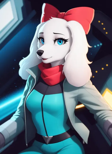 fayspaniel, furry female anthro, portrait, close-up, red bow, aqua jumpsuit, cropped jacket, grey jacket, red scarf, belt, solo,...
