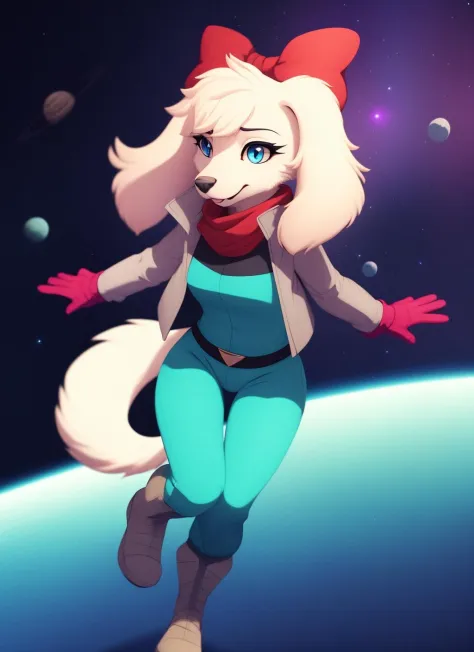 fayspaniel, furry female anthro, full body, portrait, red bow, red scarf, solo, (body fur:1.2), (best quality), (dark outer space background:1.2), dramatic lighting, (detailed fluffy fur:1.1),  smile, bangs, (armored boots:0.9), (aqua jumpsuit:1.2), belt, cropped jacket, (grey jacket:1.1), pink gloves, action pose,  (tail:0.9), fingers, <lora:fayspaniel-v1:1>