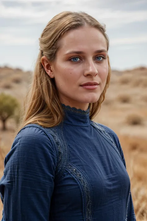 a woman in a blue shirt standing in a field