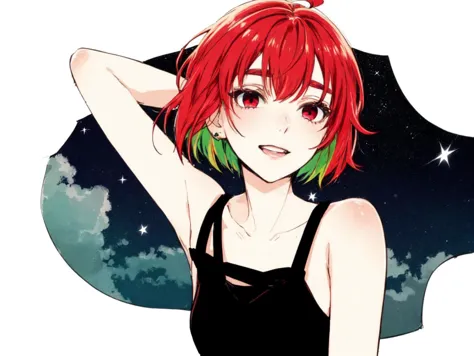 anime girl with red hair and green eyes in front of a night sky