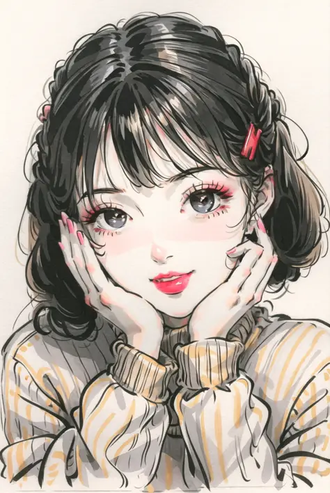 1girl, black eyes, black hair, closed mouth, grey sweater, hair ornament, hairclip, heart, lips, lipstick, looking at viewer, makeup, portrait, red lips, simple background, sleeves past wrists, smile, solo, sweater, white background,(masterpiece:1.4),(best...