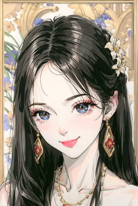 1girl, black hair, closed mouth, earrings, flower, hair ornament, jewelry, long hair, looking at viewer, necklace, portrait, smi...