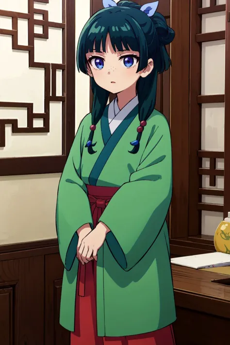 (Masterpiece:1.3), (best quality:1.2), 1girl, (maomao:1.3), long hair, bangs, blue eyes, hair ornament, green hair, blunt bangs, freckles, hair bun, (single hair bun:1.1), japanese clothes, robe, (green robe:1.1), long sleeves, wide sleeves, skirt, red skirt, <lora:kusuriya maomao s1-lora-nochekaiser:1.0>