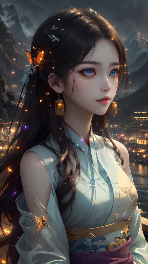 best quality, masterpiece, highres,
1girl, Detailed face, (Upper body:1.6), Cyber cities, mountains and rivers, night, firefly lights, Realistic, rich in detail, (White hanfu:1.2), (beautiful body:1.4), 
<lora:Refractionjade:0.7>,