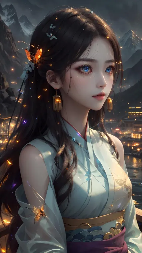 best quality, masterpiece, highres,
1girl, Detailed face, (Upper body:1.6), Cyber cities, mountains and rivers, night, firefly lights, Realistic, rich in detail, (White hanfu:1.2), (beautiful body:1.4), 
