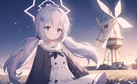 anime girl with long white hair sitting in front of a windmill