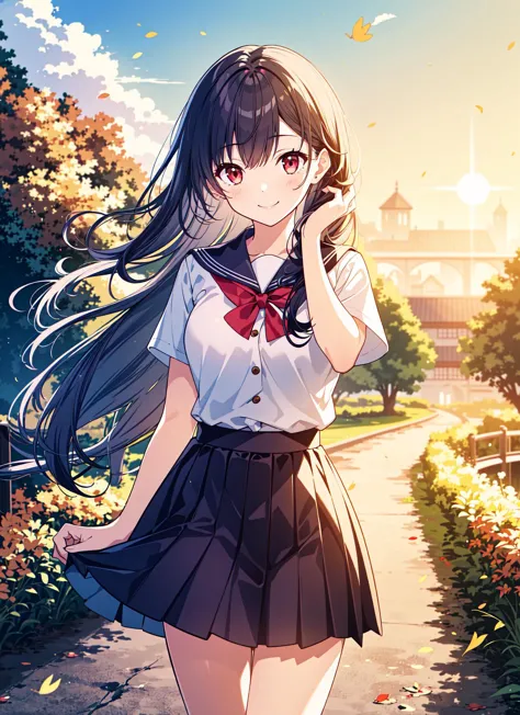 anime girl with long hair walking down a path in a park