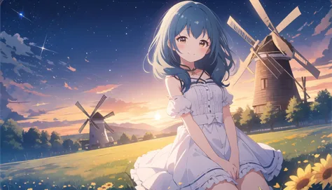 anime girl sitting in a field with a windmill in the background