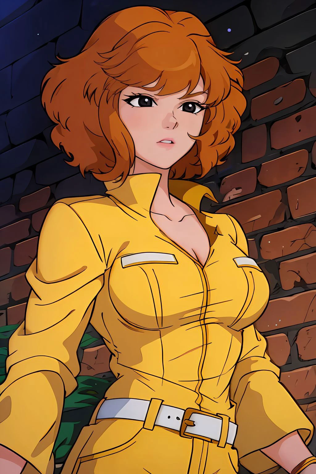 absurdres, april o'neil, 1girl, short brown hair, black eyes, upper body, yellow jumpsuit, sleeves rolled up, white belt 