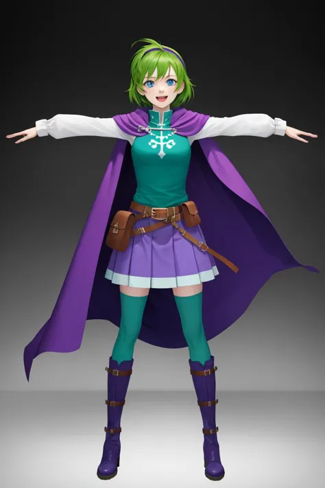 (masterpiece, best quality, absurdres), <lora:nino_fe_v1:1> nino, 1girl, solo, looking at viewer, smile, short hair, open mouth, blue eyes, skirt, full body, hairband, boots, green hair, belt, cape, pouch, purple hairband,
 <lora:TPose:0.6>, outstretched arms,