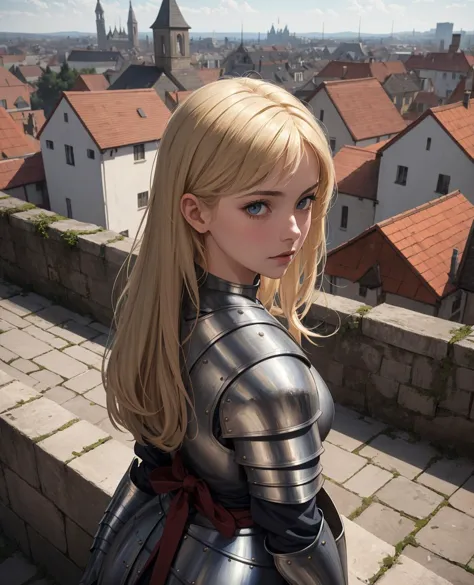 masterpiece,best quality,absurdres,girl,28yo,knight,medieval_armor,city_wall,from above,viewer behind shoulder,