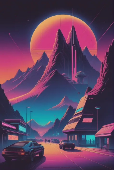 1980s synthwave cyberpunk, mountainside scifi village outside of the universe<lora:synthwave1:1:1:lbw=sdxl_outs>